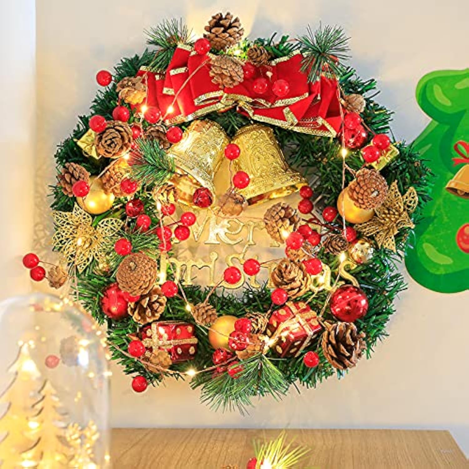 20 Led Christmas Pinecone Lights,7 Ft Pinecone Red Berry Bell Christmas Garland With Lights Battery Operated Christmas D