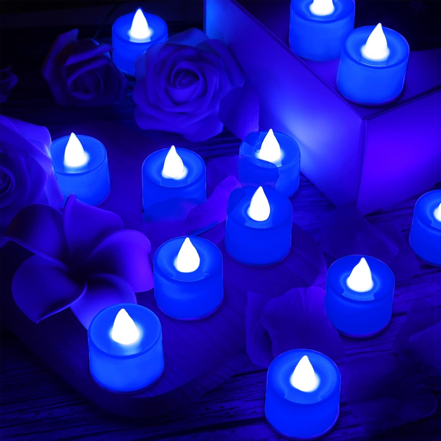 Artificial Rose Petals With 24 Pieces Romantic Heart Flameless Candle Love Led Tealights Candle For Romantic Night For Him Set Anniversary Wedding Honeymoon(Blue)