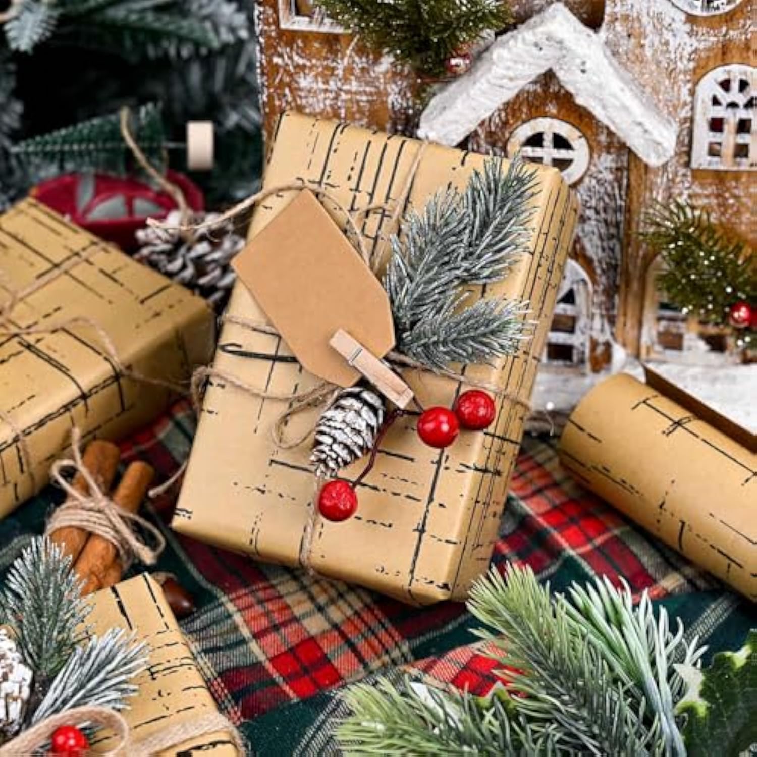 Kraft Wrapping Paper Roll, Brown Gift Wrap With Dynamic Plaid Pattern - 17 In X 32.8 Ft Black Stripe Wrapping Paper For Christmas, Wedding, Father'S Day, Mother'S Day, Valentines Day - 1 Roll (46.5 Sqft.)