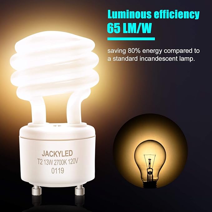 13W GU24 CFL Light Bulbs T2 Spiral 2700K Warm White 2-Prong Base Indoor Lighting 4 Pack