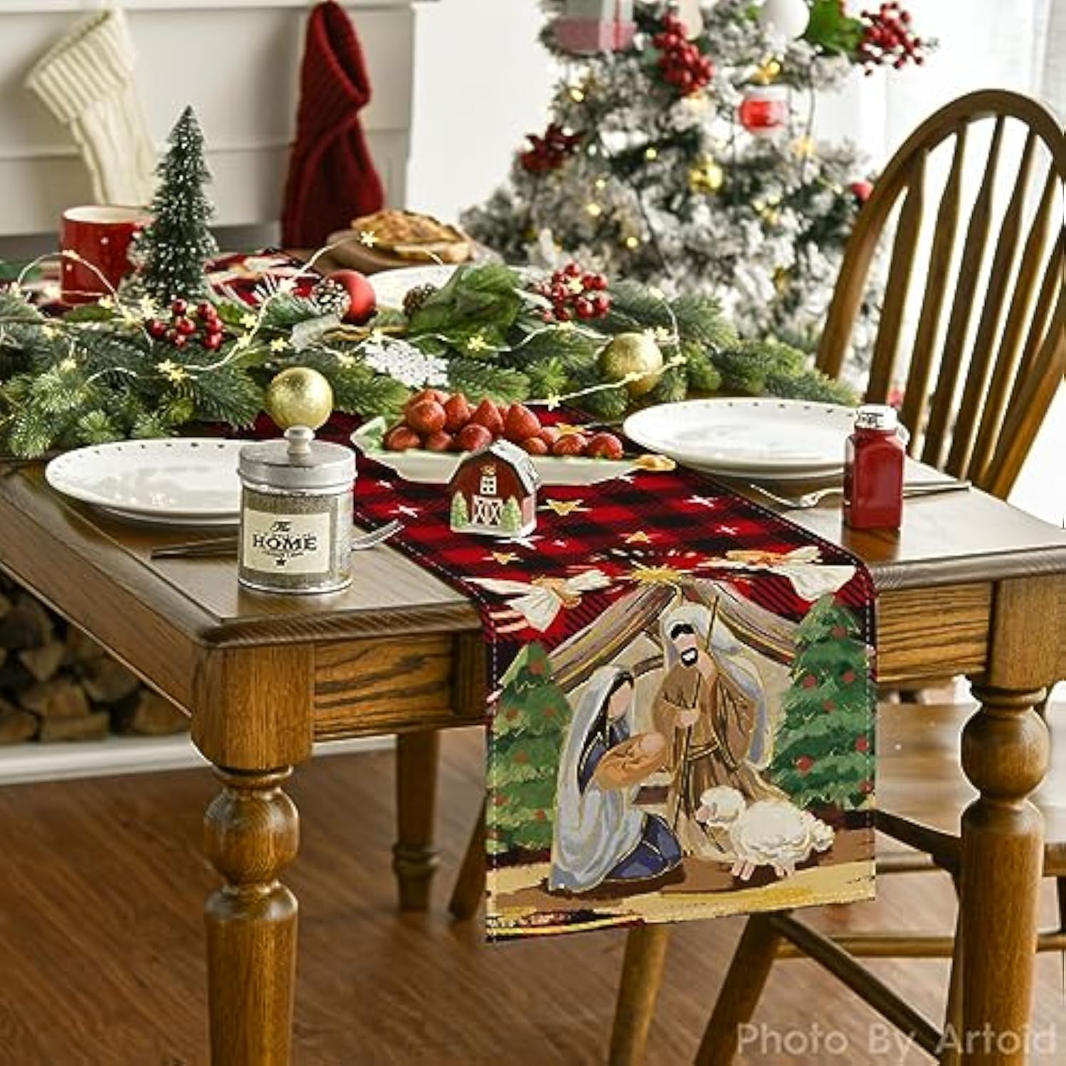 Buffalo Plaid Kogiya Shepherd Christmas Table Runner, Winter O Holy Night Xmas Kitchen Dining Table Decoration For Home Party Decor 13X72 Inch
