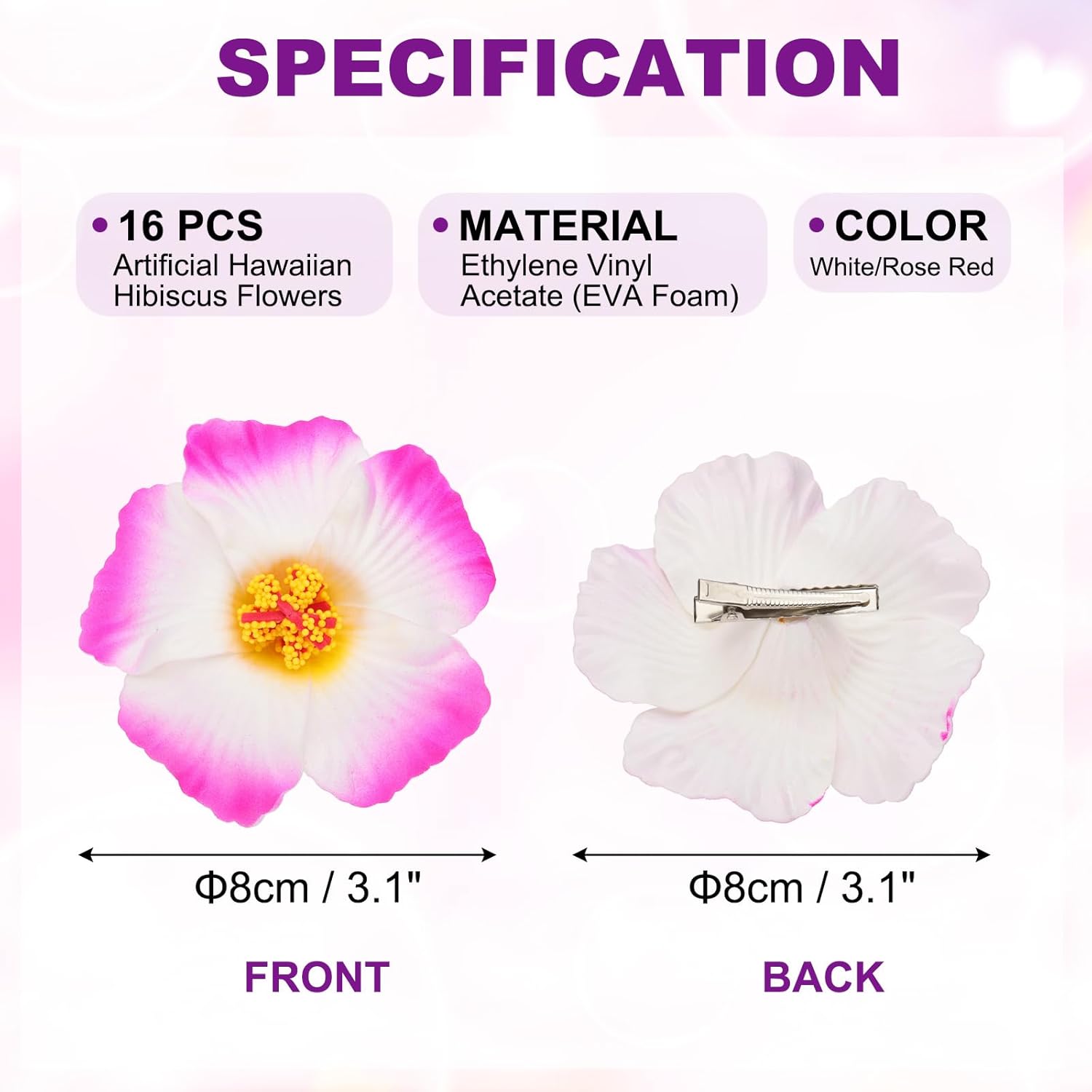 Hawaiian Hibiscus Flowers, 16 Pack Artificial Flowers Hair Clip Diy Foam Hibiscus Flower For Tabletop Decoration Party Favors Supplies, White/Rose Red