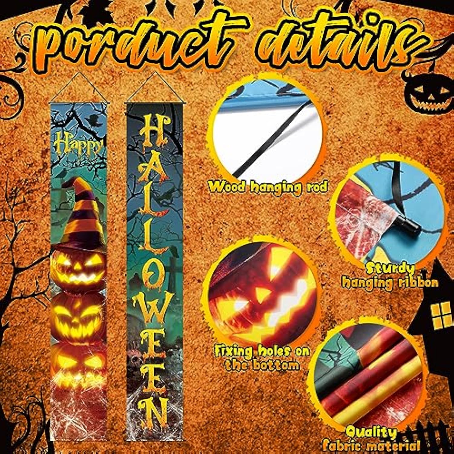 2-Piece Halloween Door Banners Evil Pumpkin Witch Hats Front Door Wall Porch Decor