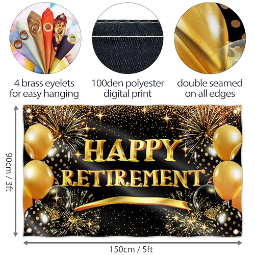 Happy Retirement Banner - Happy Retirement Decorations - Going Away Decorations - 5ft x 3ft (Black & Gold)