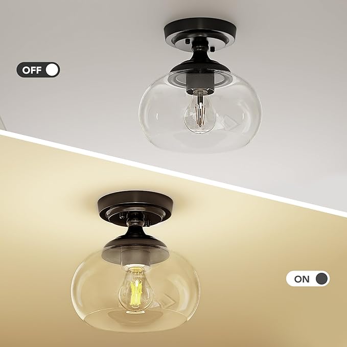Industrial Semi Flush Mount Ceiling Light Matte Black Clear Glass Farmhouse Fixture