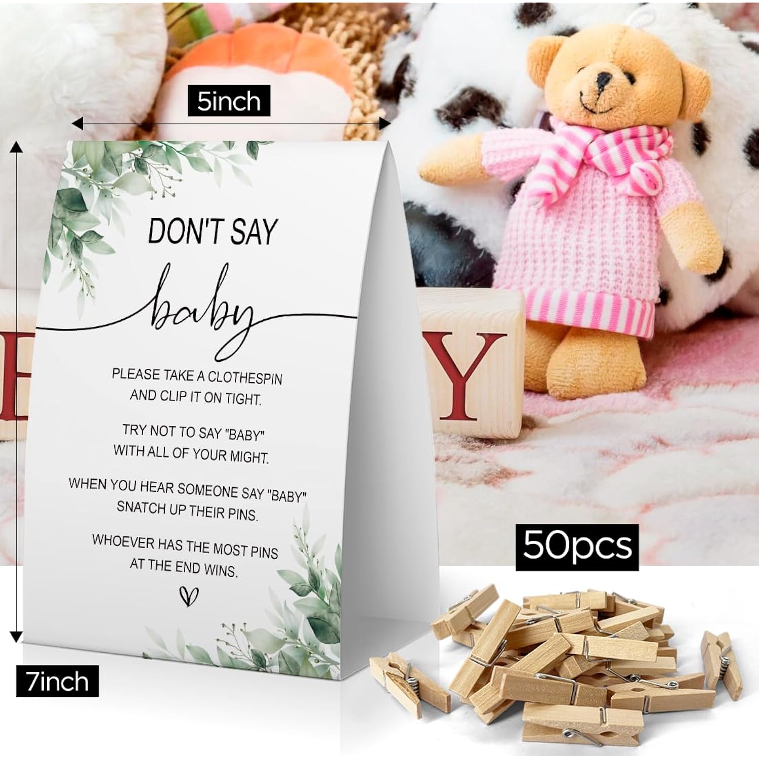 Don'T Say Baby Baby Shower Game, Greenery Baby Shower Decoration, Greenery Don'T Say Baby Sign, Fun Baby Shower Games, Clothespins For Baby Shower-Dsba17