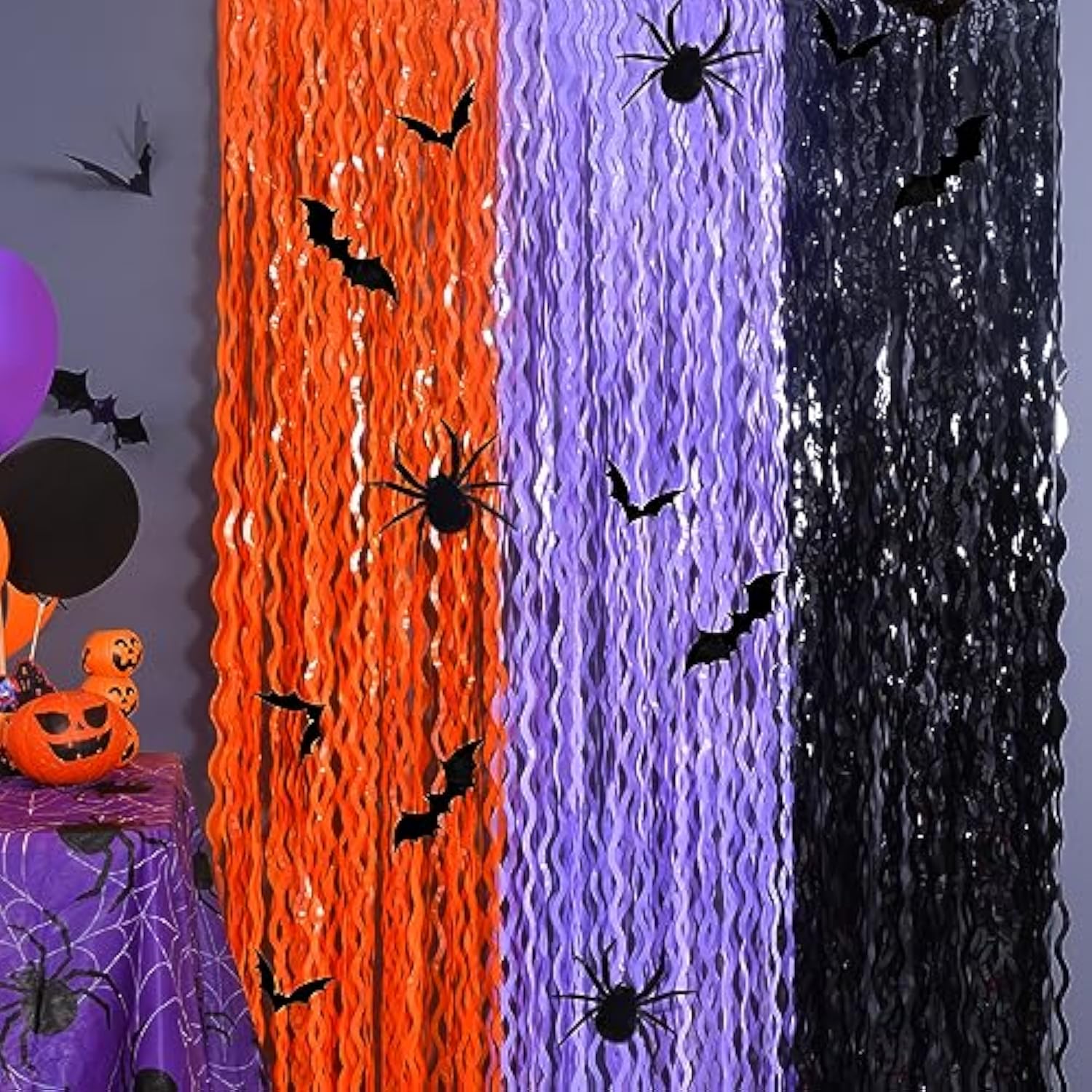 3 Pack Halloween Foil Fringe Curtains Orange Purple Black with Bat Spider Stickers