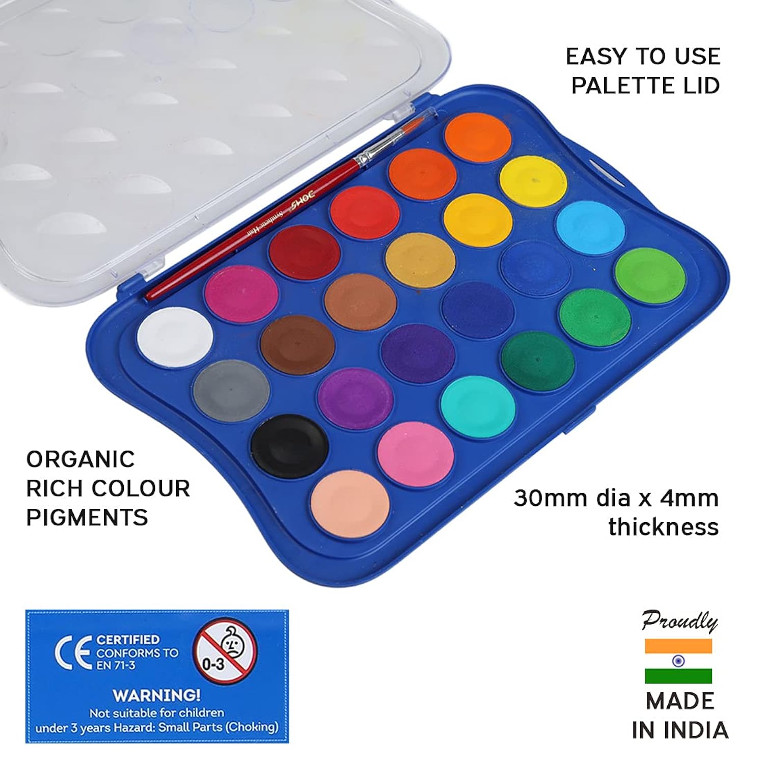 24 Shades 30Mm Water Colour Cakes | Easy To Use Palette Lid | Organic Rich Colour Pigments | Free Brush Inside | Non-Toxic & Safe For Kids | Pack Of 1