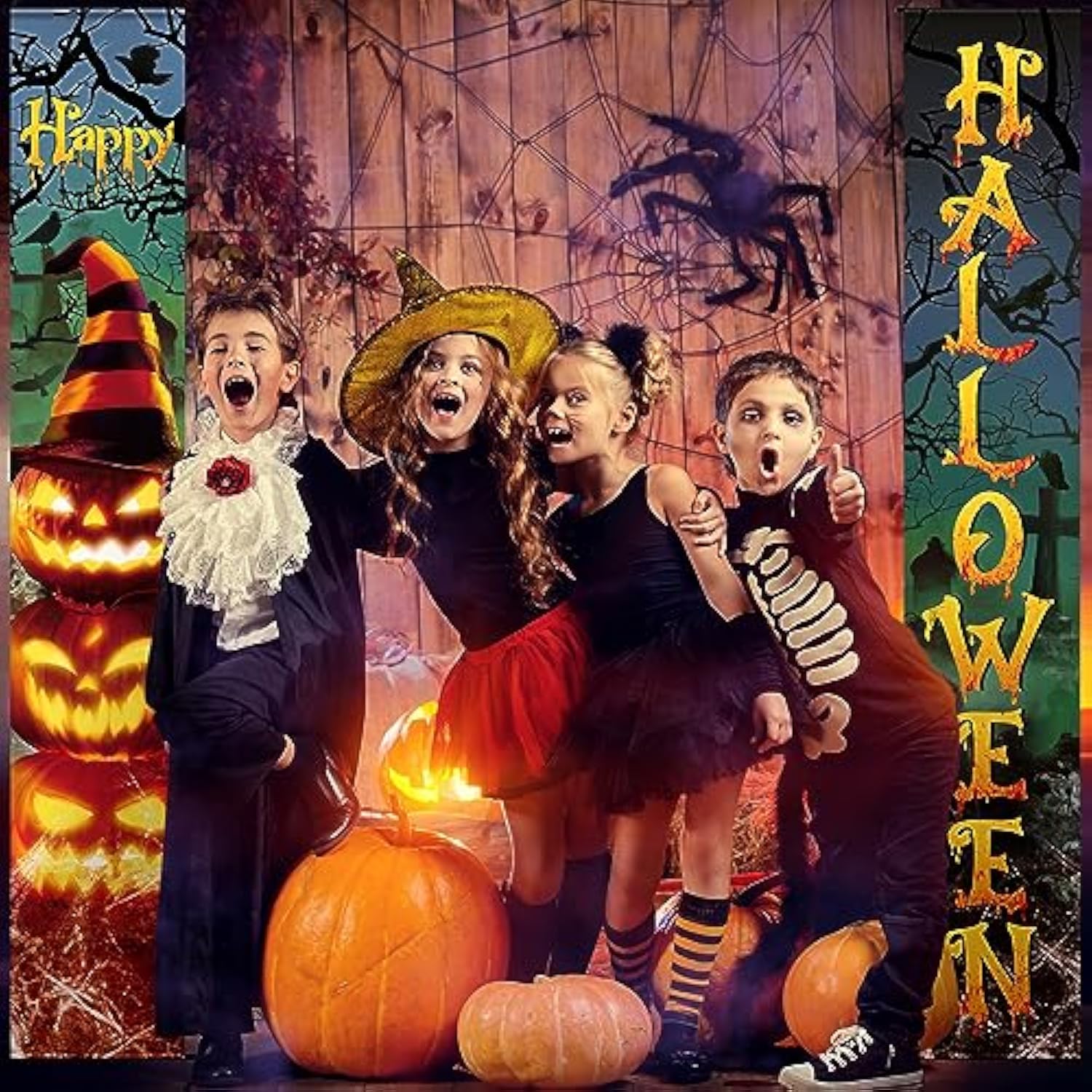 2-Piece Halloween Door Banners Evil Pumpkin Witch Hats Front Door Wall Porch Decor
