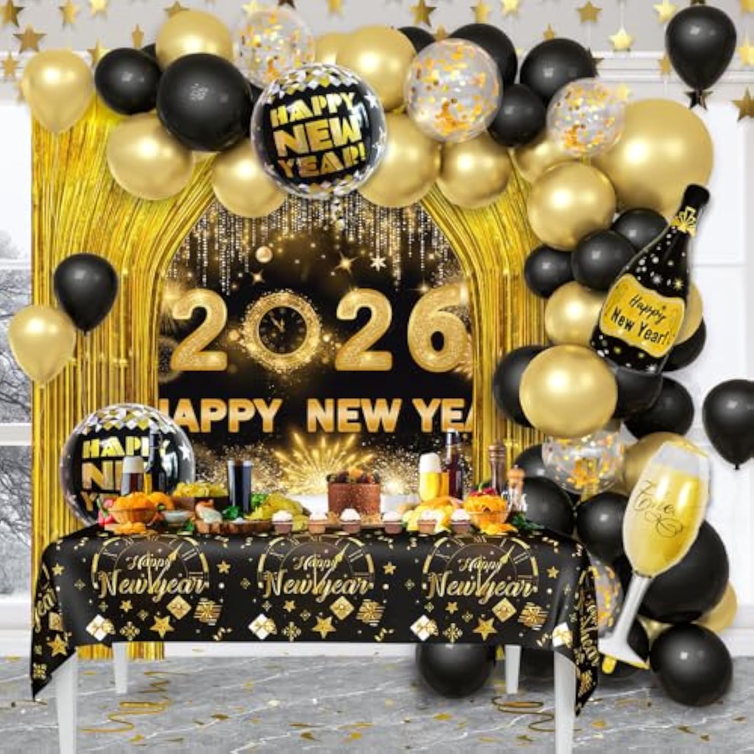 78pcs Black Gold 2026 New Year Decorations Banner Balloon Arch Fringe Curtain