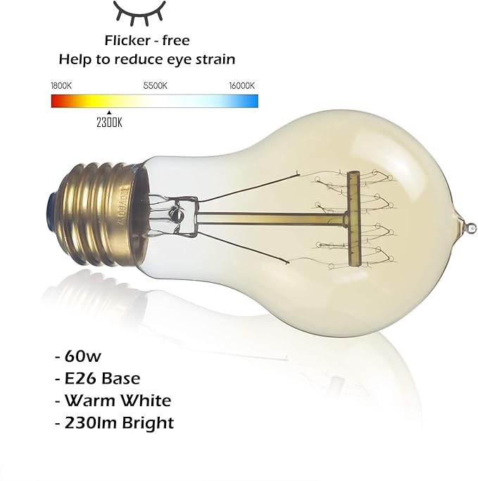 6-Pack Edison Light Bulbs 60W A19 Vintage Antique E26 Dimmable Incandescent Amber Warm White