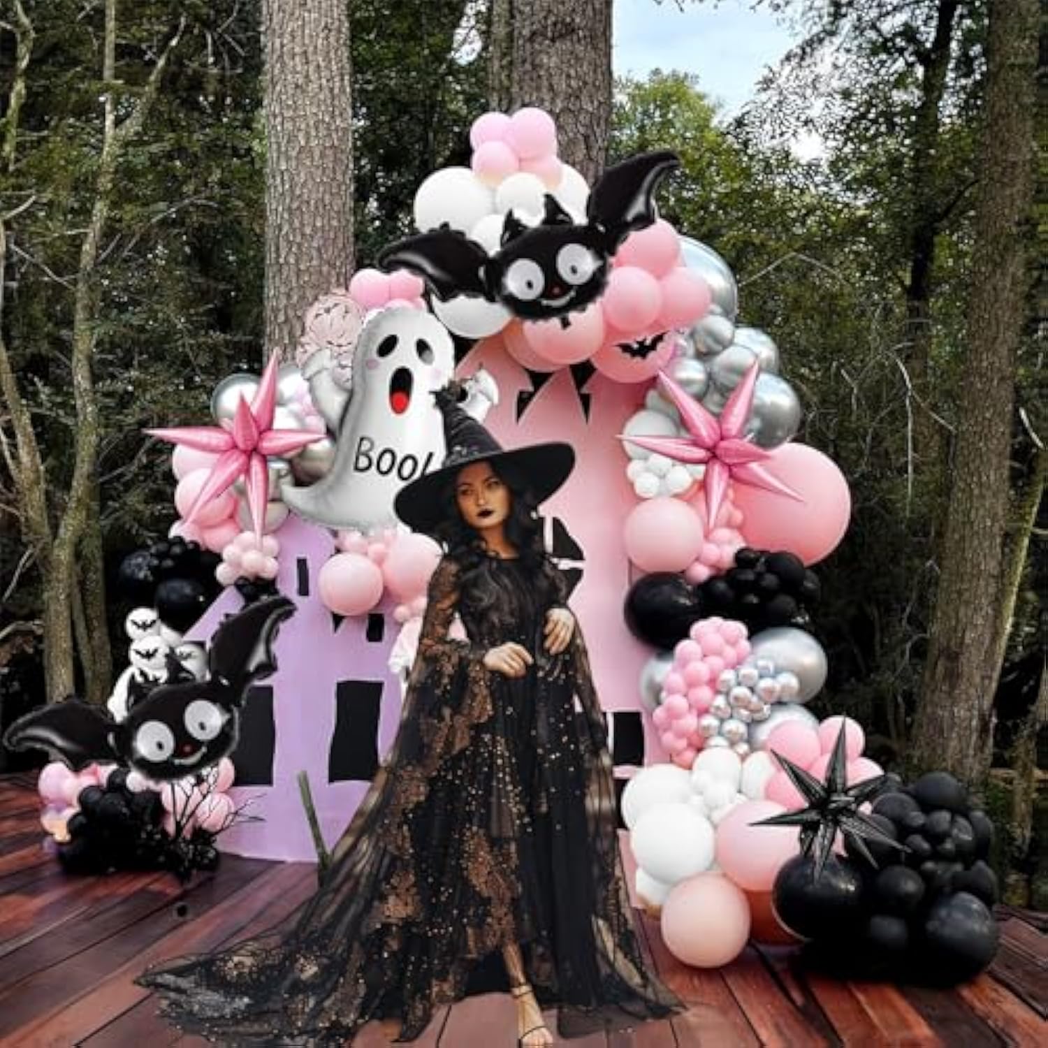 130Pc Halloween Balloon Arch Kit – Pink Black Silver White with Ghost & Hat