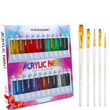 Acrylic Paint Set 24-Color With 5 Paint Brushes Non-Toxic For Canvas Craft Rock Art Painting
