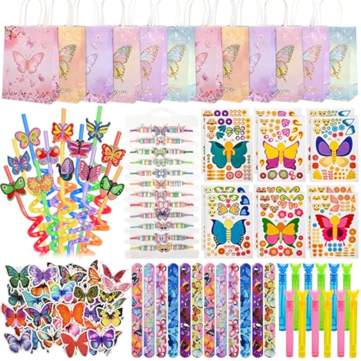 122 Pcs Butterfly Party Favors Included Straw Slap Bracelets Make Your Own Butterfly Stickers And Gifts Bags For Butterfly Birthday Party Supplies