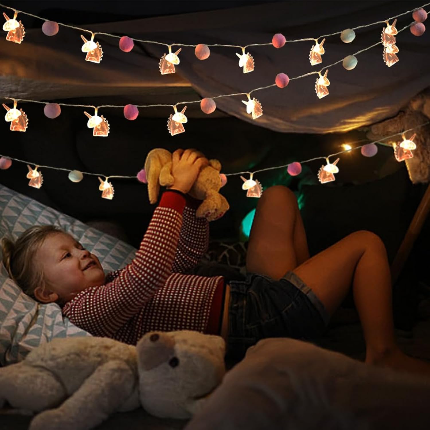 9.85Ft Room Decor String Lights With 20 Cute Pompoms 20 Pink Unicorn Led Lights Battery Operated With Timer For Girls Be