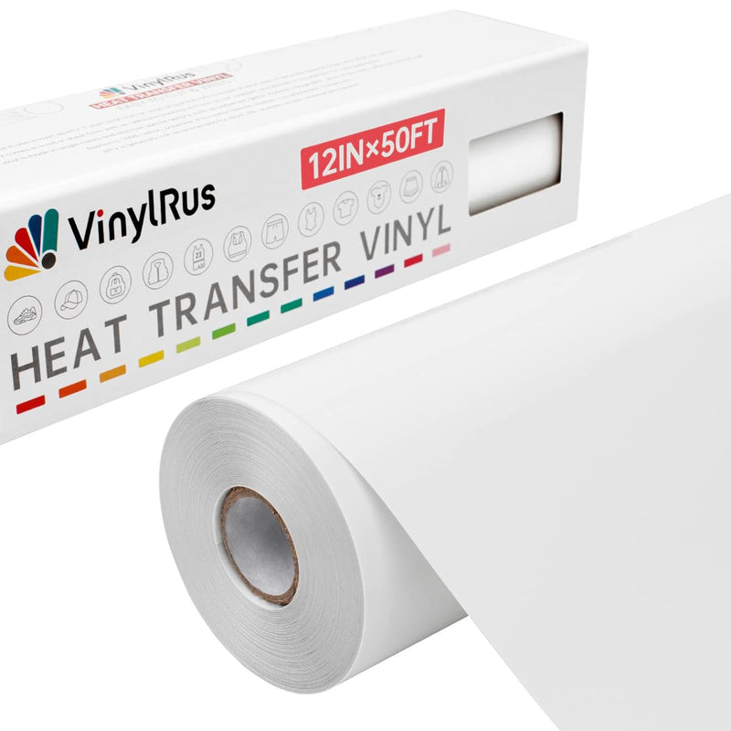 Heat Transfer Vinyl-12” X 50Ft White Iron On Vinyl Roll For Shirts, Htv Vinyl