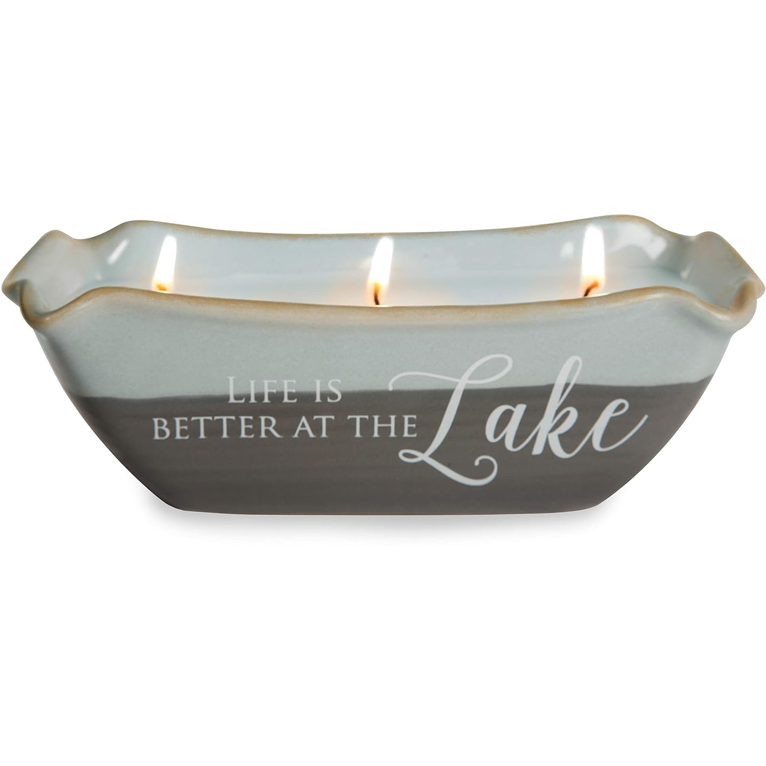 Pavilion Gift Company 86212 Plain Love Lives Here - Life is Better at The Lake 3 Wick Ceramic Tranquility Scented Candle,
