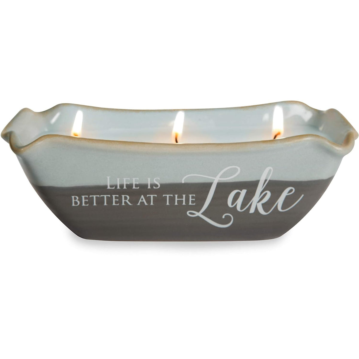 Pavilion Gift Company 86212 Plain Love Lives Here - Life is Better at The Lake 3 Wick Ceramic Tranquility Scented Candle,
