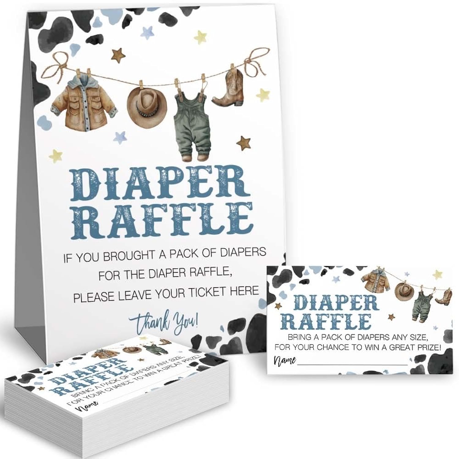 Cowboy Diaper Raffle Tickets For Baby Shower Game, Western Theme Baby Shower Games, (1 Standing Sign & 50 Guessing Cards), A Little Cowboy Is On The Way Boy Diaper Raffle Party Supplies
