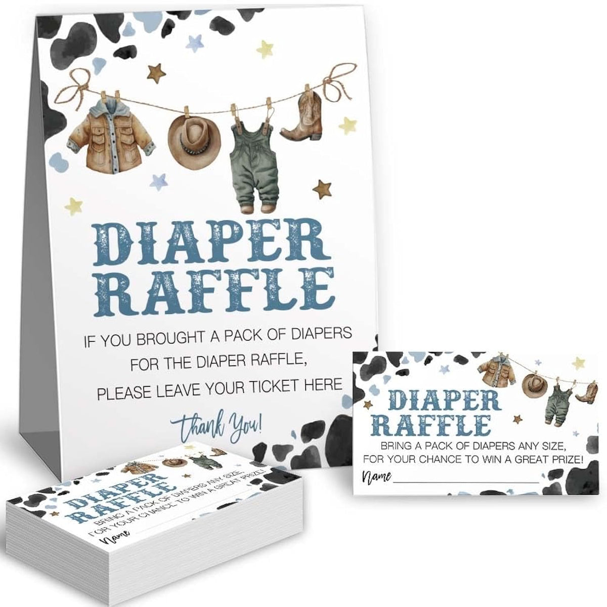 Cowboy Diaper Raffle Tickets For Baby Shower Game, Western Theme Baby Shower Games, (1 Standing Sign & 50 Guessing Cards), A Little Cowboy Is On The Way Boy Diaper Raffle Party Supplies
