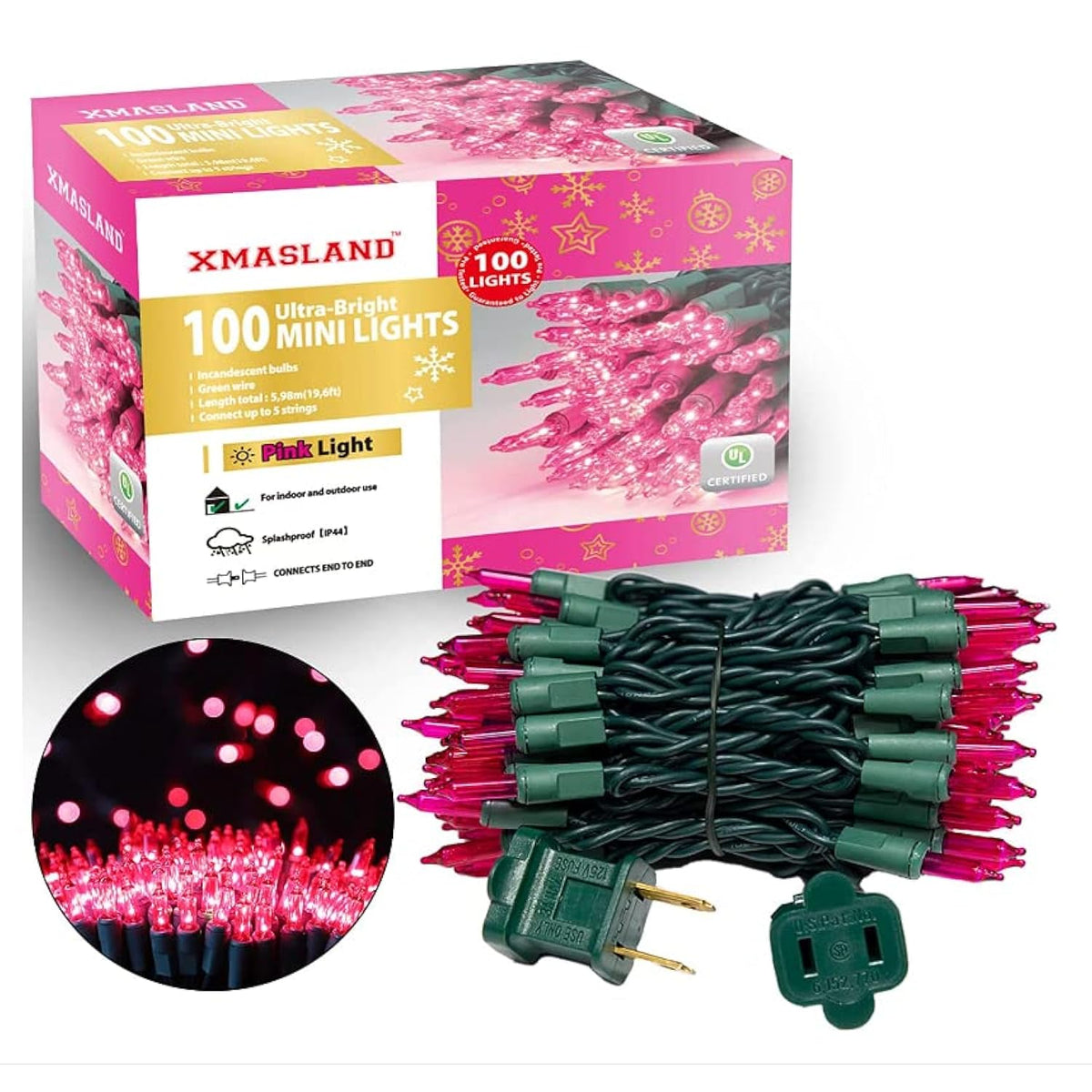 Ultra-Bright Connectable Pink Christmas Light Set 100 Count 19.6 Feet Incandescent Bulb Mini String Light For Indoor Out