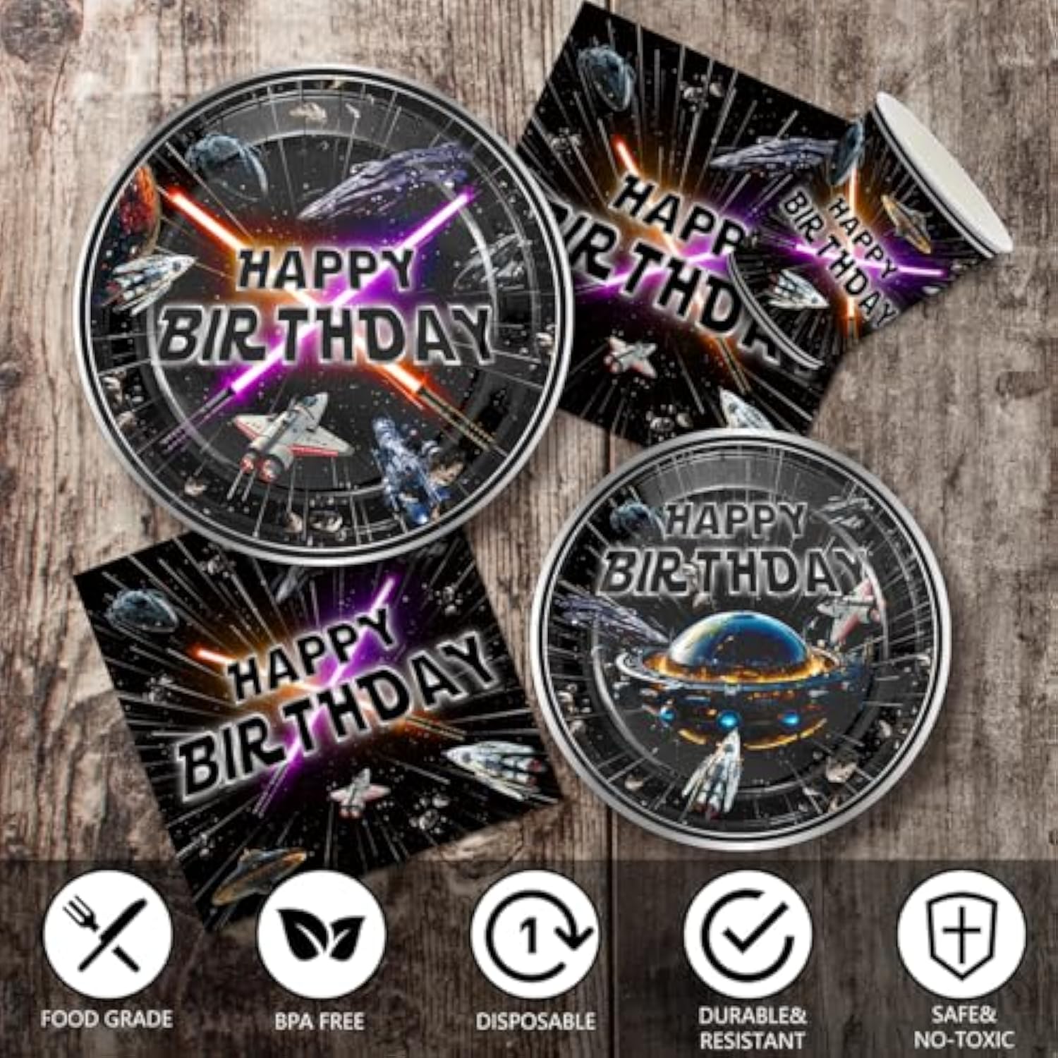 168Pcs Star Plates Napkins Birthday Party Supplies Disposable Paper Cups Black Forks Galaxy Movie Star Party Decorations Tableware Set For Kids Boys Birthday Decor Serves 24 Guests