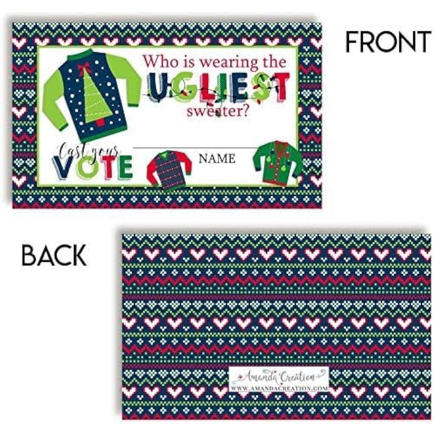 Ugly Sweater Christmas Games 20 Holiday Voting Cards 2" X 3" Double-Sided Party Game Cards For Themed Christmas Party, Fun Activity, Cute Festive Design, Made In Usa By