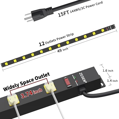 Heavy Duty Metal Surge Protector Power Strip 12 Outlets 15FT Extension Cord 2100J Black