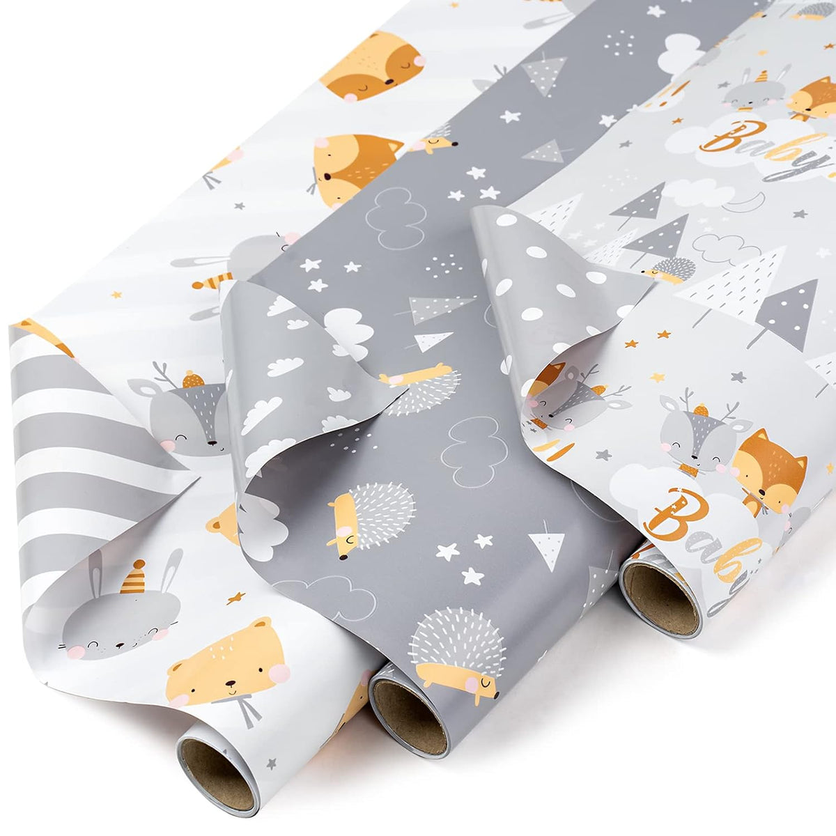 Reversible Baby Shower Wrapping Paper Roll - Mini Roll - 3 Rolls - 17 Inch X 120 Inch Per Roll - Cute Hedgehog, Animals & Baby Lettering Design For Neutral Baby Shower