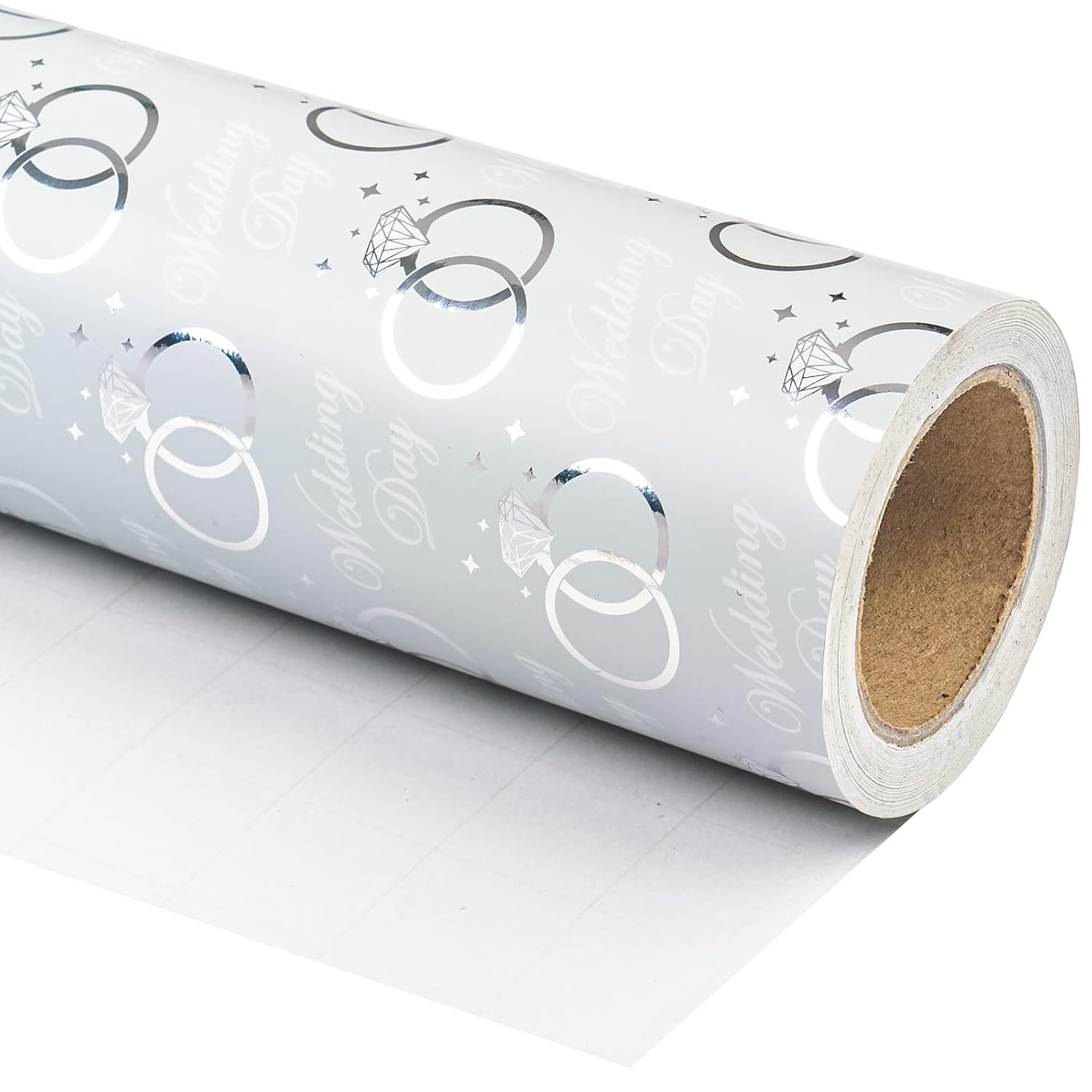 Wedding Wrapping Paper Roll - Mini Roll - 17 Inch X 16.5 Feet - Silver Foil Diamond Ring Design, Perfect For Wedding, Bridal Shower