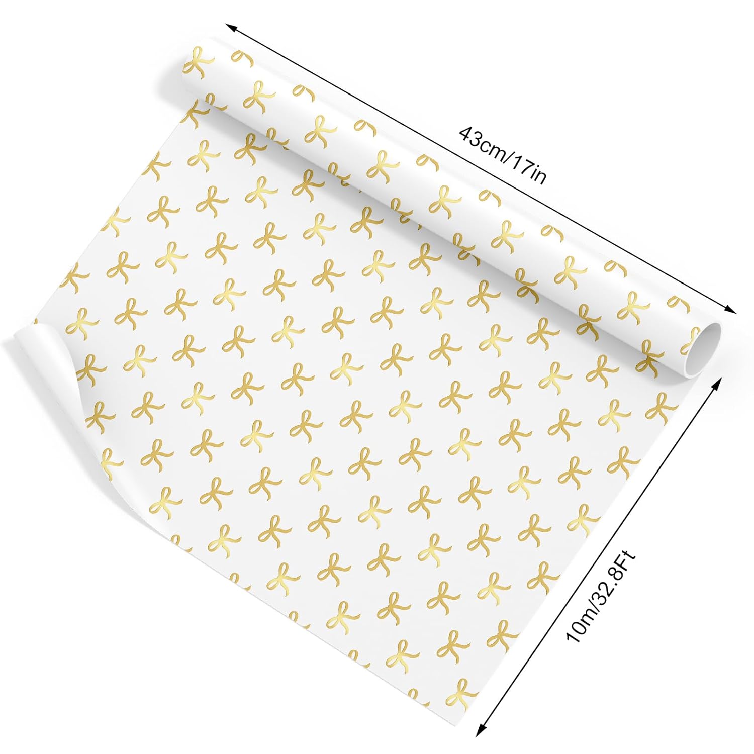 Gold Foil Bow Wrapping Paper -Mini Roll- 17In X 32.8Ft White Gold Bowknot Gift Wrap Paper Cute Craft Paper For Party Packing Supplies