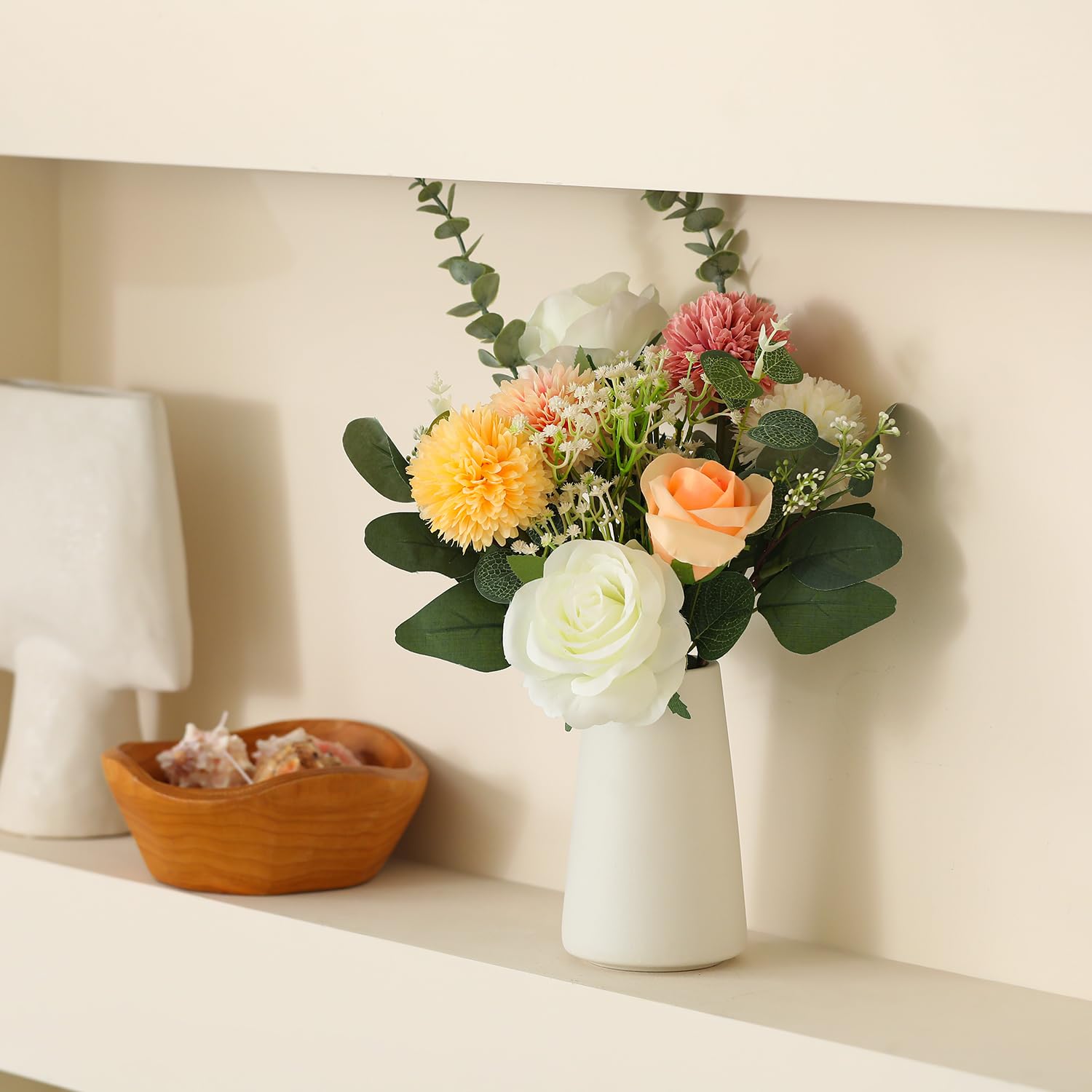 Fake Flowers In Ceramic Vase, Artificial Flowers Indoor With White Vase For Dining Table Décor, Faux Eucalyptus Flowers Arrangements For Bedroom Home Office Plants Floral Decor?Red Brown?