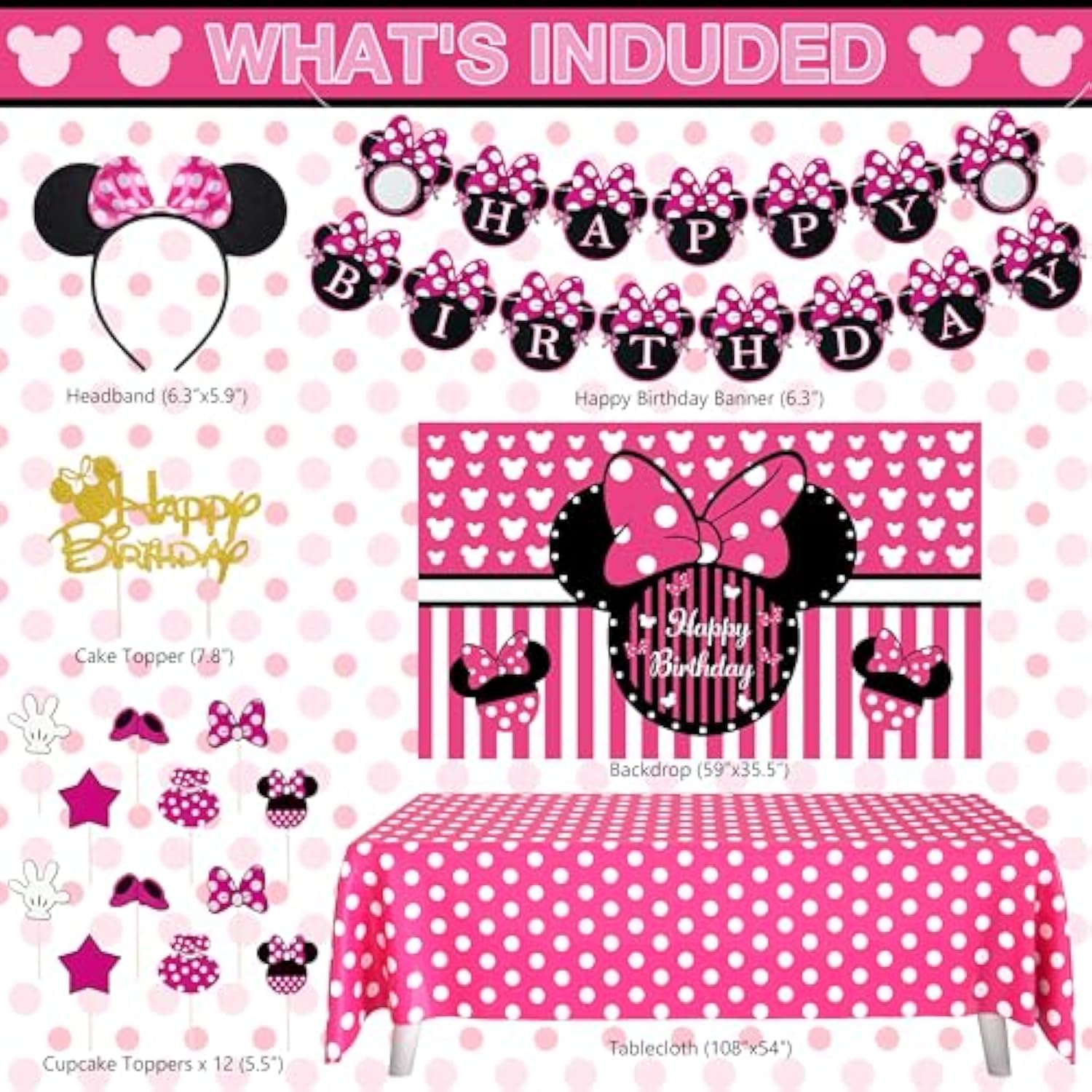 Pink Mouse Birthday Decorations Rose Red Cartoon Theme Party Kit Mouse Theme Birthday Party Supplies With Backdrop, Foil Balloons, Tablecloth & Cake Toppers For Girls Baby Shower Celebration