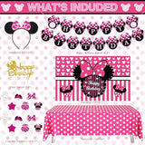 Pink Mouse Birthday Decorations Rose Red Cartoon Theme Party Kit Mouse Theme Birthday Party Supplies With Backdrop, Foil Balloons, Tablecloth & Cake Toppers For Girls Baby Shower Celebration