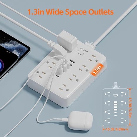 Surge Protector Power Strip 8 Outlets 6 USB Ports 2 USB C 5FT Flat Plug Wall Mount White