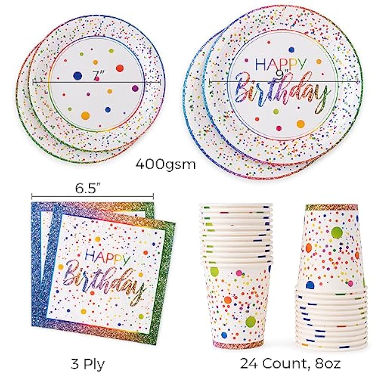 Rainbow Birthday Party Set – 24 Plates, Napkins & Cups | Sturdy 400 GSM Tableware