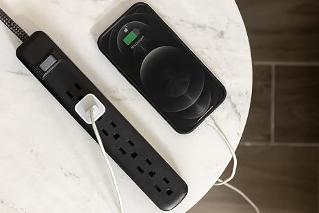 2 Pack Surge Protector Power Strip 6 Outlets 3FT Flat Plug Braided Extension Cord 450J Black