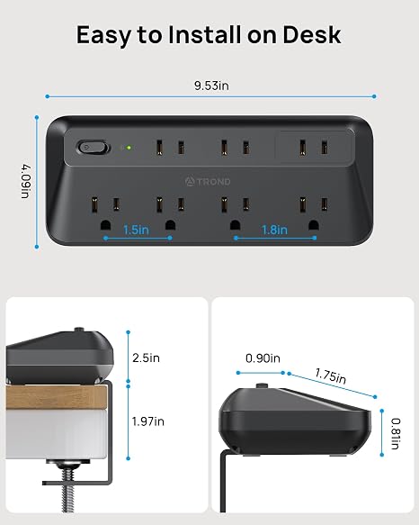 Desk Clamp Power Strip 7 Outlets 1700J Surge Protector 10FT Flat Plug