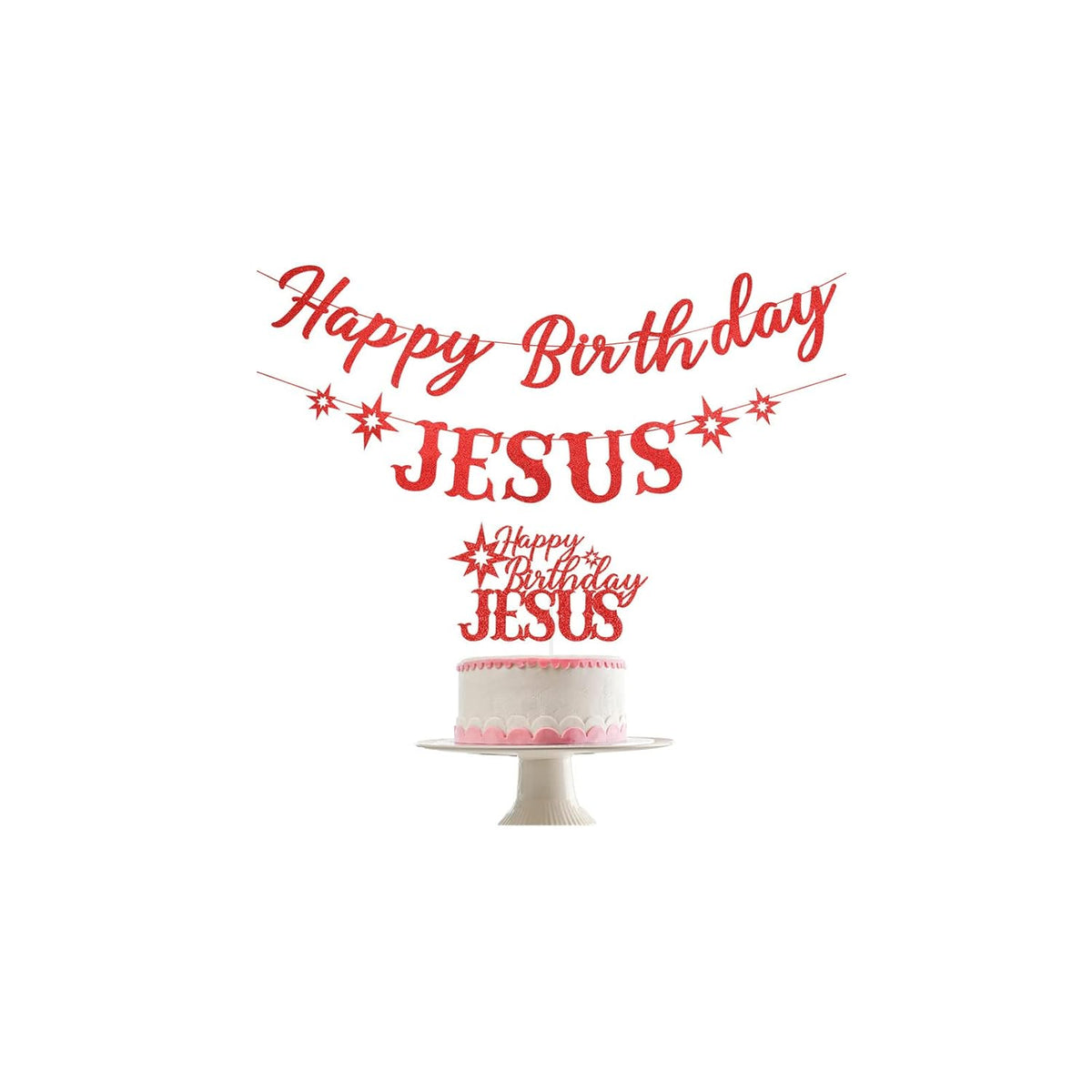 Happy Birthday Jesus Banner Red Glitter And Happy Birthday Jesus Cake Topper, Christmas Birthday Banner For Christian Christmas Jesus’S Birthday Party Decorations
