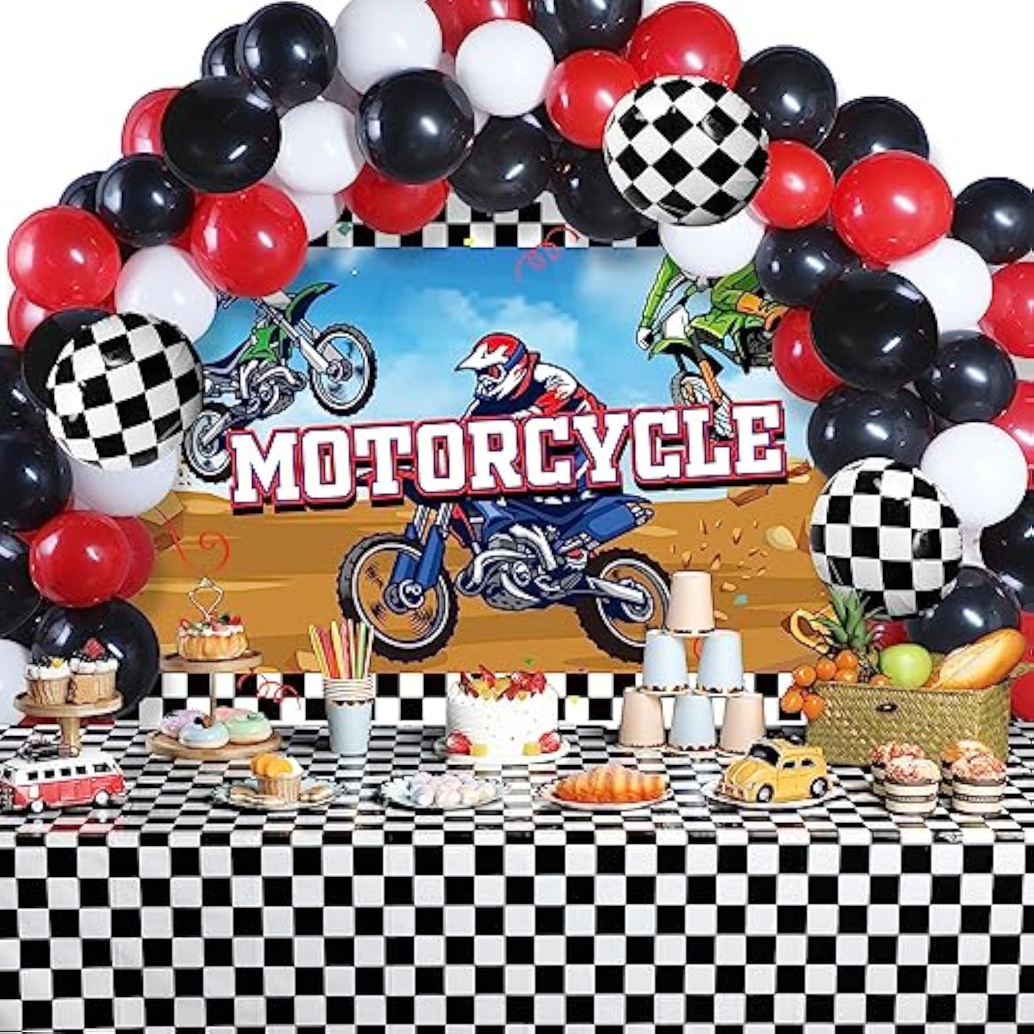 72 Pieces Motorcycle Truck Party Decorations Dirt Bike Motocross Backdrop Tablecloth With Balloons Extreme Truck Theme Decor Set For Birthday Party Supplies