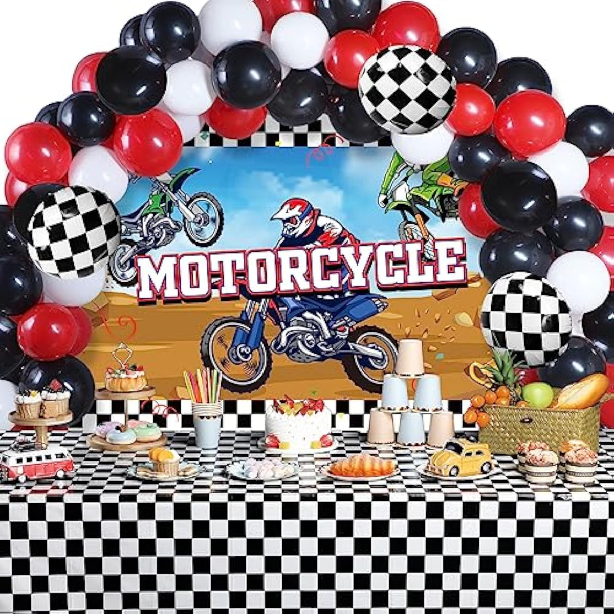 72 Pieces Motorcycle Truck Party Decorations Dirt Bike Motocross Backdrop Tablecloth With Balloons Extreme Truck Theme Decor Set For Birthday Party Supplies