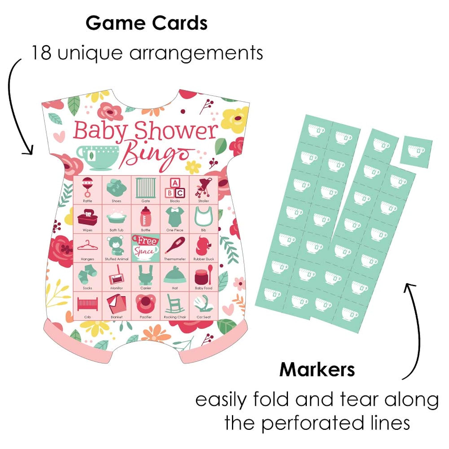Big Dot of Happiness Floral Let’s Par-Tea - Picture Bingo Cards and Markers - Garden Tea Party Baby Shower Shaped Bingo Game - Set of 18