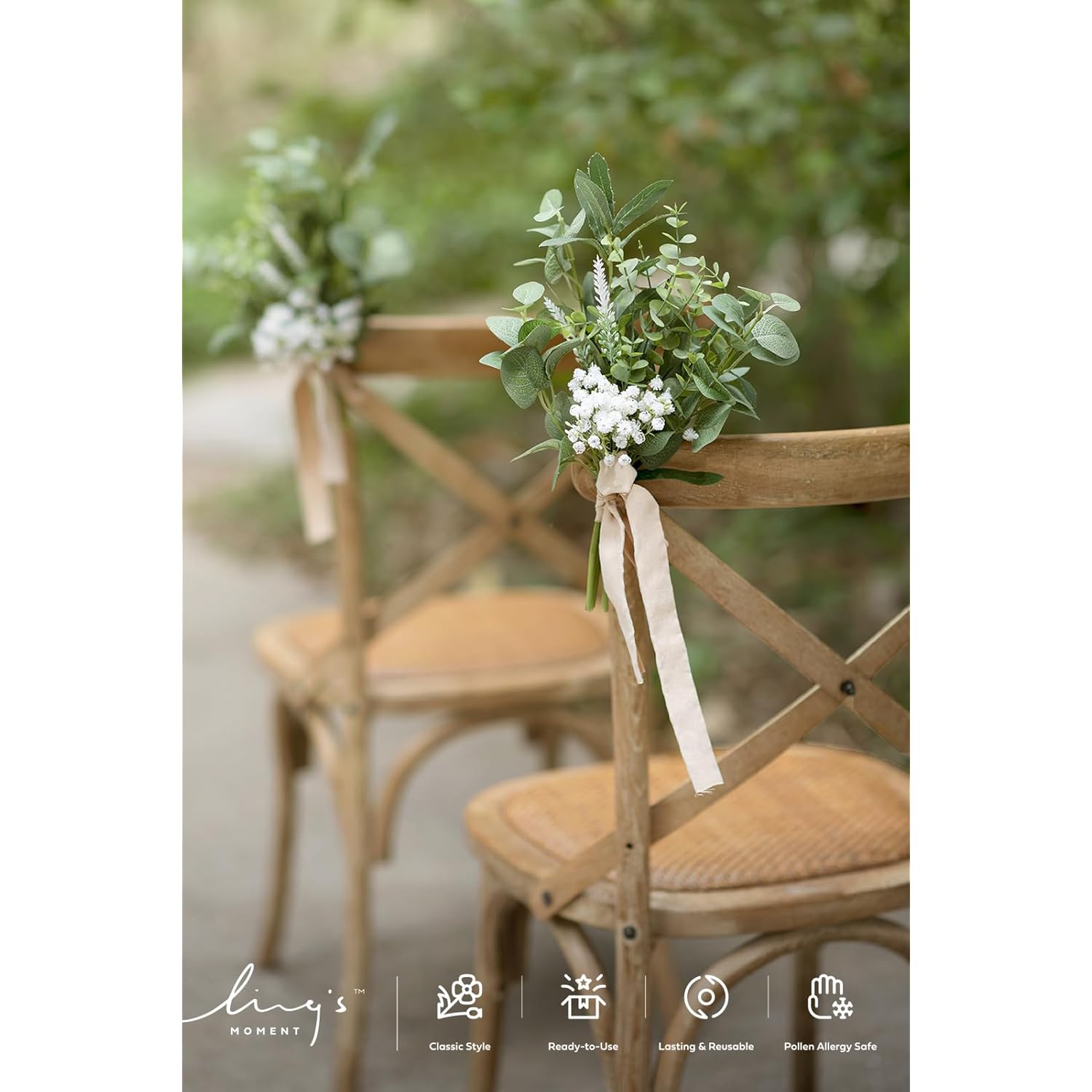8 White Aisle Pew Artificial Flowers Arrangements Babysbreath For Wedding Ceremony Chair Back Floral Decorations With Chiffon Ribbons Sage Green Reception Church Rose Fake Party Outdoor