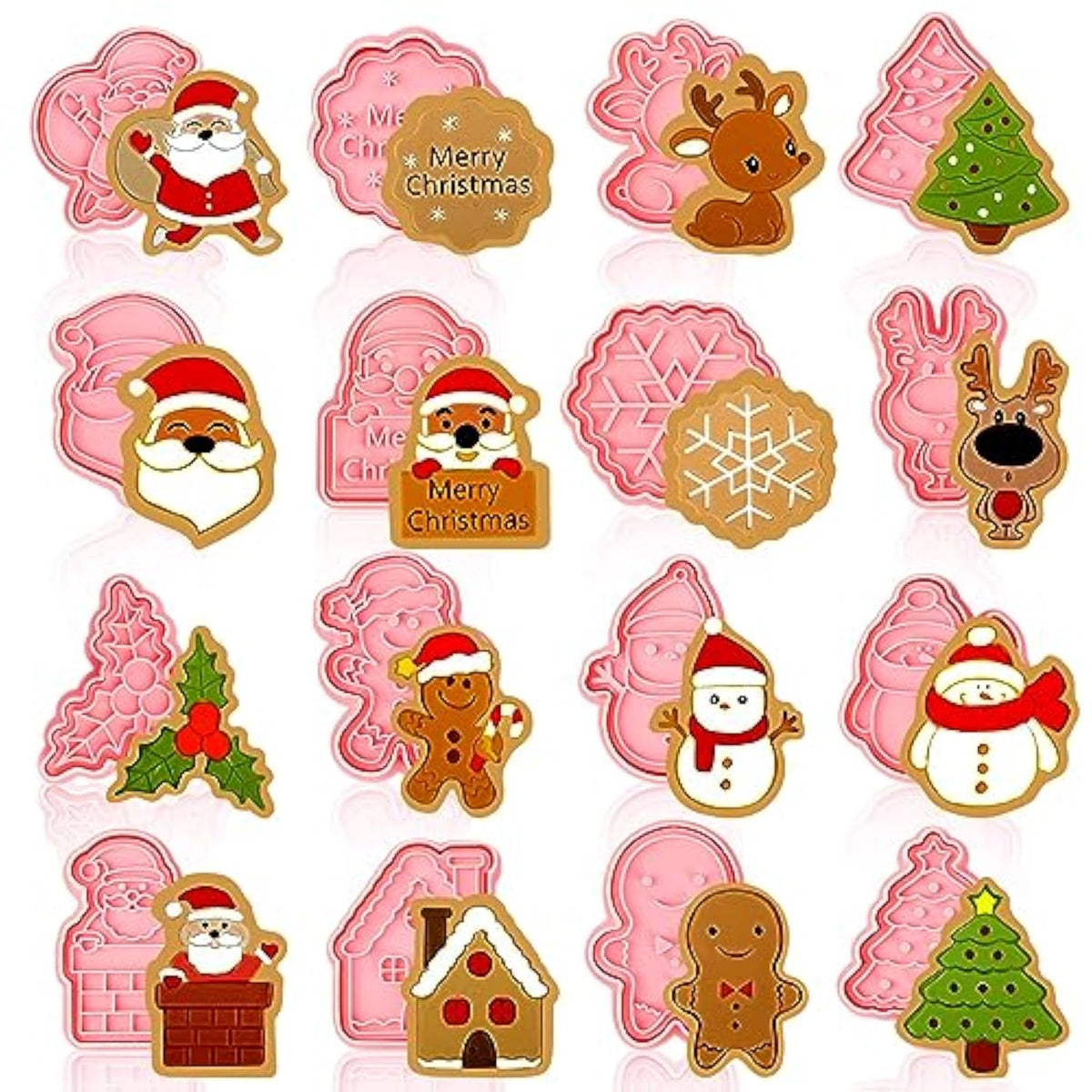 16 Pack Christmas Cookie Cutter Set, 3D Cookie Cutters For Baking Pink Diy Press Cookie Stamps Molds For Kids Gingerbread Man, Christmas Tree, Snowman, Santa, Snowflake, Merry Christmas