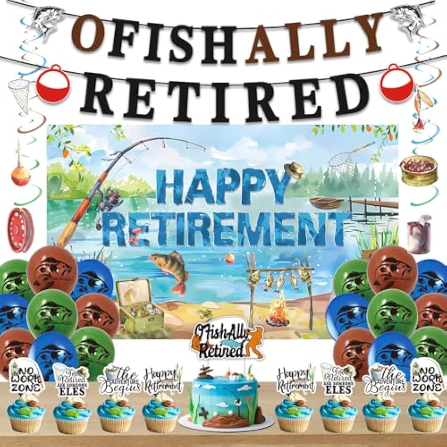 Retirement Party Decorations Men Women, Ofishally Retired Banner Balloons Cake Topper Hanging Swirls Kit, Gone Fishing Themed Happy Retirement Party Supplies For Coworker Photo Backdrop