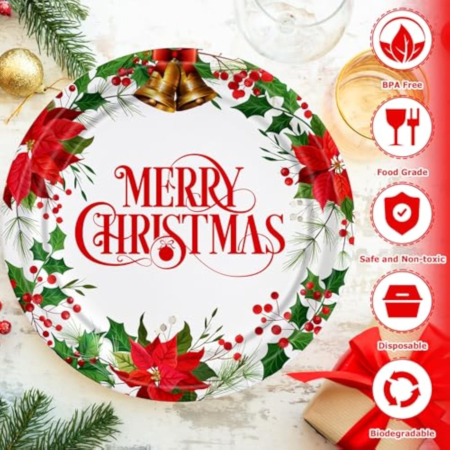 50 Pcs Christmas Paper Plates, 9'' Christmas Party Plates, Disposable Holly Poinsettia Design Merry Xmas Holiday Dinnerware For Xmas Party Supplies Winter Decorations