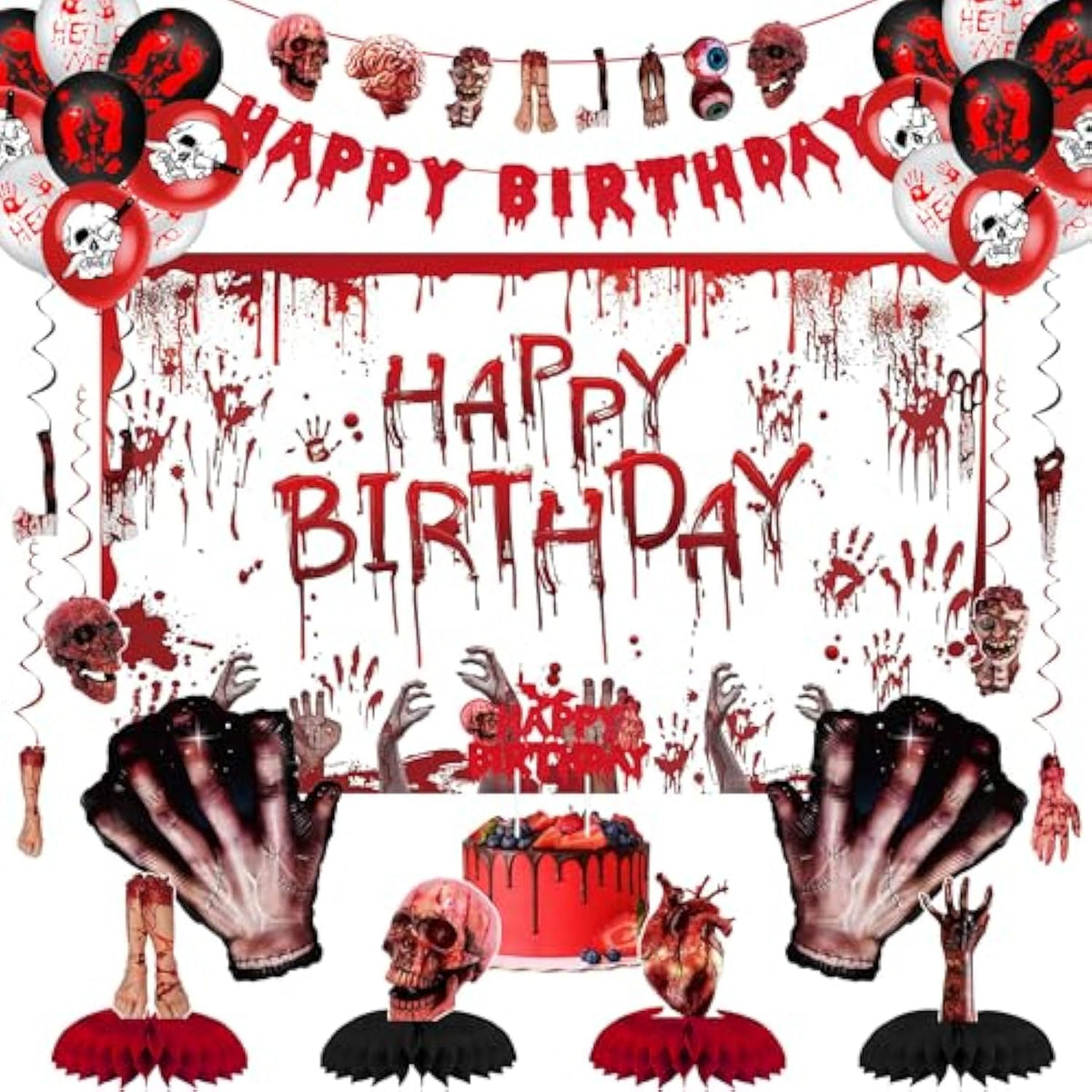 Halloween Birthday Party Decorations, Red Halloween Happy Birthday Banner, Scary Handprint Balloons & Cake Topper, Horror Fake Broken Hands Dismember Honeycomb Hanging Swirl Balloons(36Pc)