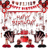 Halloween Birthday Party Decorations, Red Halloween Happy Birthday Banner, Scary Handprint Balloons & Cake Topper, Horror Fake Broken Hands Dismember Honeycomb Hanging Swirl Balloons(36Pc)