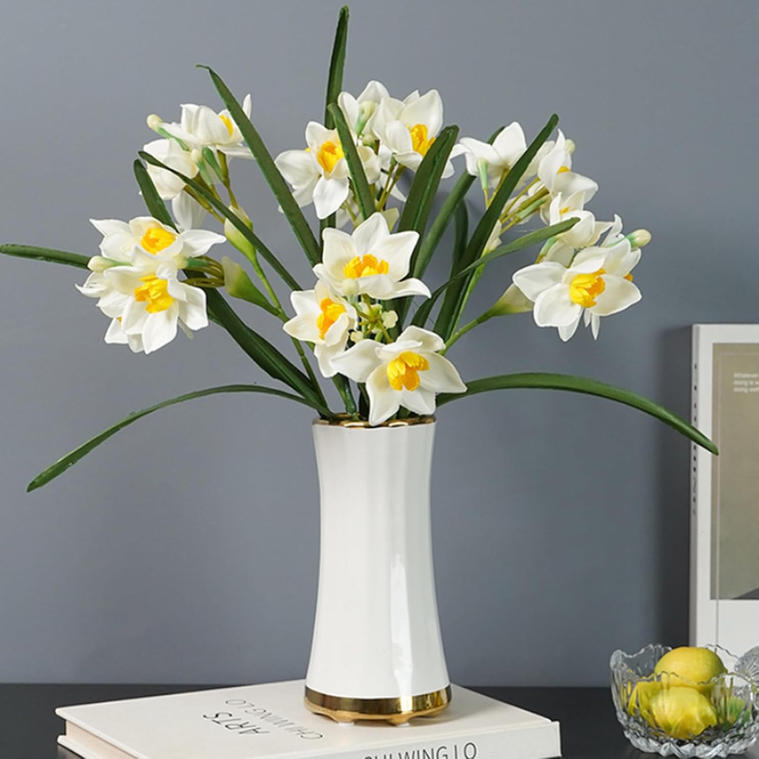 18“Artificial Daffodils Flowers Narcissus Faux Spring Flowers Fake Silk Daffodil Flower Arrangement Artificial Daffodil Bundles For Home Decor Centerpiece Wedding Bouquet 8 Pcs (White)