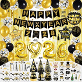New Years Eve Party Supplies 2026, Black Gold 2026 Happy New Years Decorations Set Happy New Year Banner, Hats, Glasses, Blowouts, Latex Balloons, Curtains, Numbers 2026 Balloons, New Year Photo Props